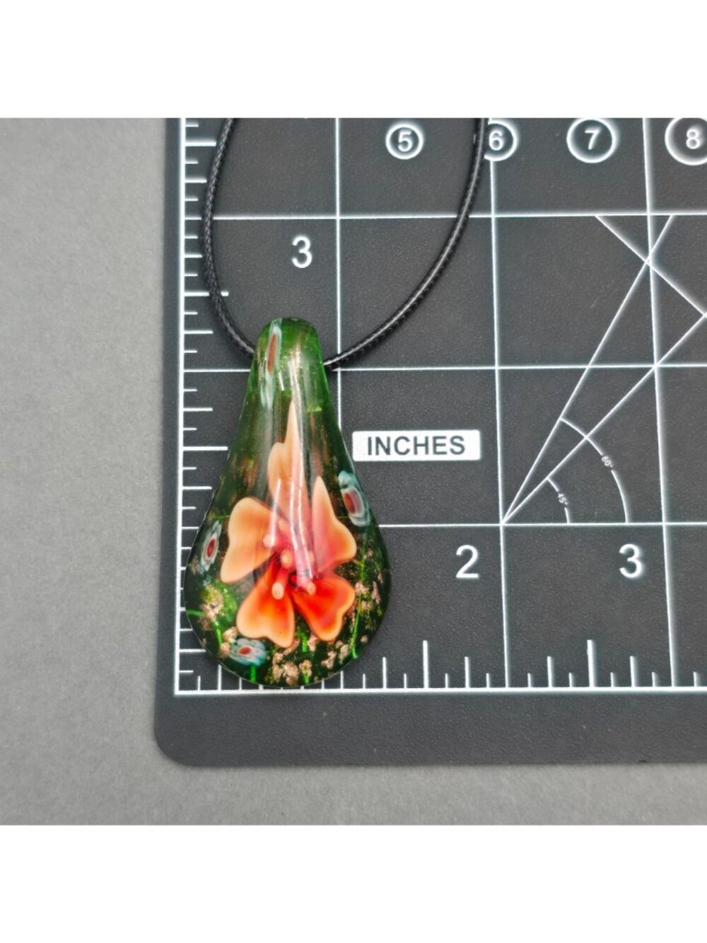 Artisan Glass Teardrop Pendant Necklace Orange Floral Millefiori Gold Foil - Picture 14 of 16